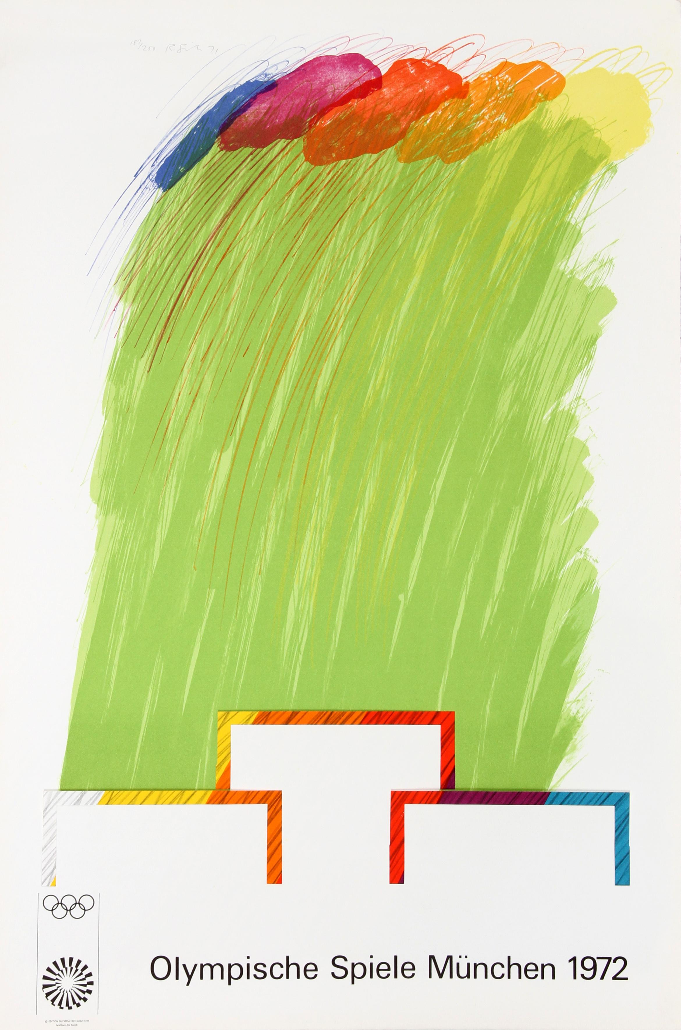 Artista: Richard Smith, británico (1931 - 2016)
Título: Olimpiadas de Munich 1972
Año: 1971
Medio:	Litografía con collage, firmada y numerada a lápiz
Edición: 200
Tamaño: 105,41 x 70,12 cm (41,5 x 28 pulgadas)