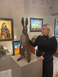 'Alert Hare' Contemporary Bronze Sculpture of a Hare, patina brown, white