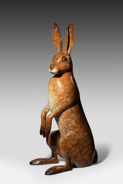 'Alert Hare' Contemporary Bronze Sculpture of a Hare, patina brown, white