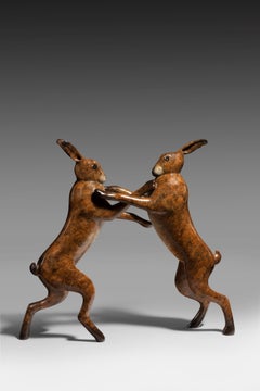 'Boxing Hares' Contemporary Bronze sculpture, brown Hares Wildlife & Nature