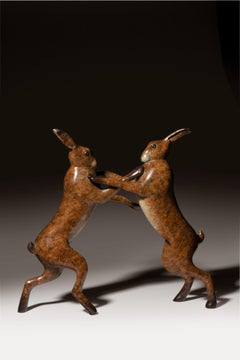 'Boxing Hares' Contemporary Bronze sculpture, brown Hares Wildlife & Nature 