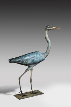 Bronze Contemporary Sculpture of a Blue Heron Bird, Wildlife, Waterlife