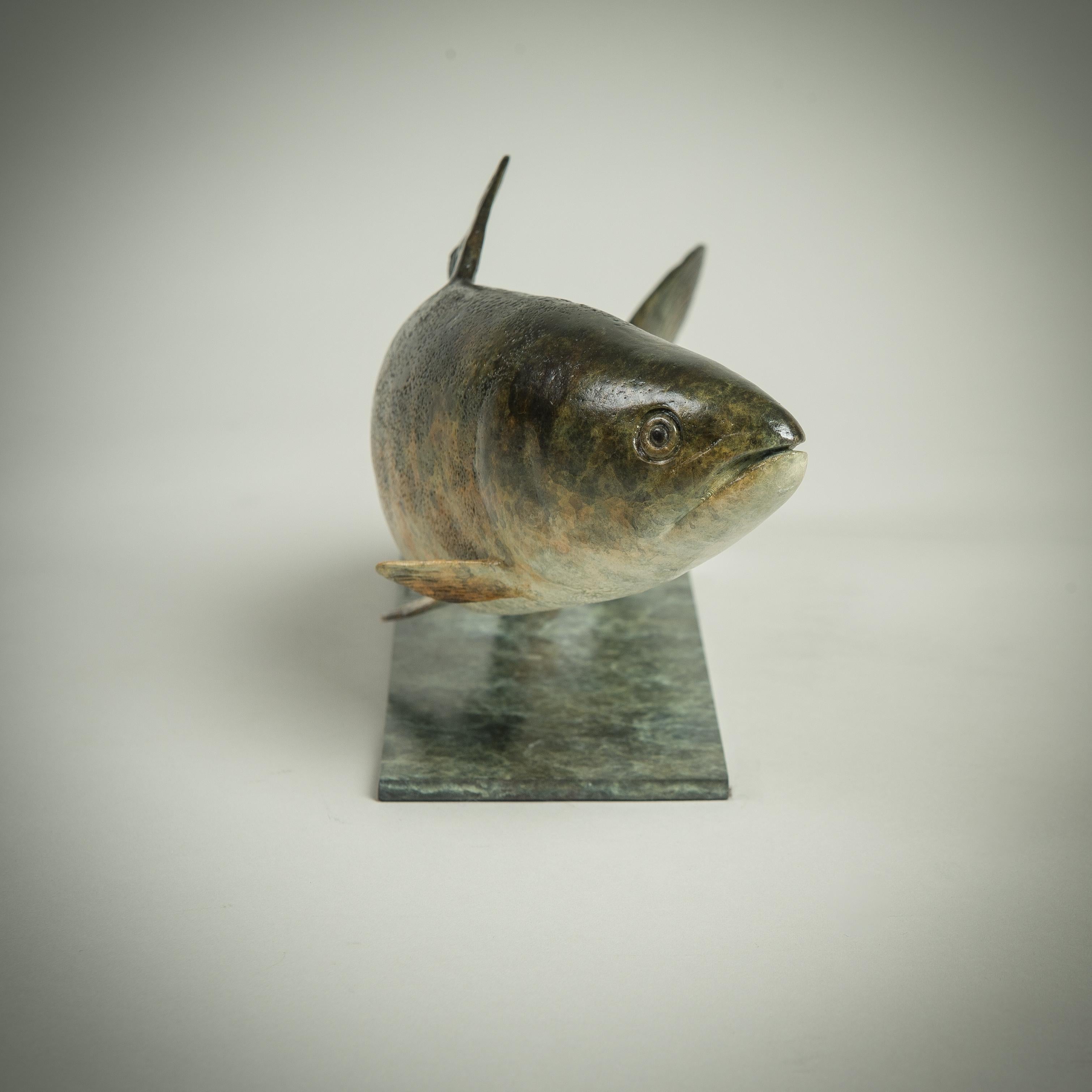Sculpture de poisson contemporaine en bronze représentant une truite nageant dans l'eau, verte et brune en vente 2