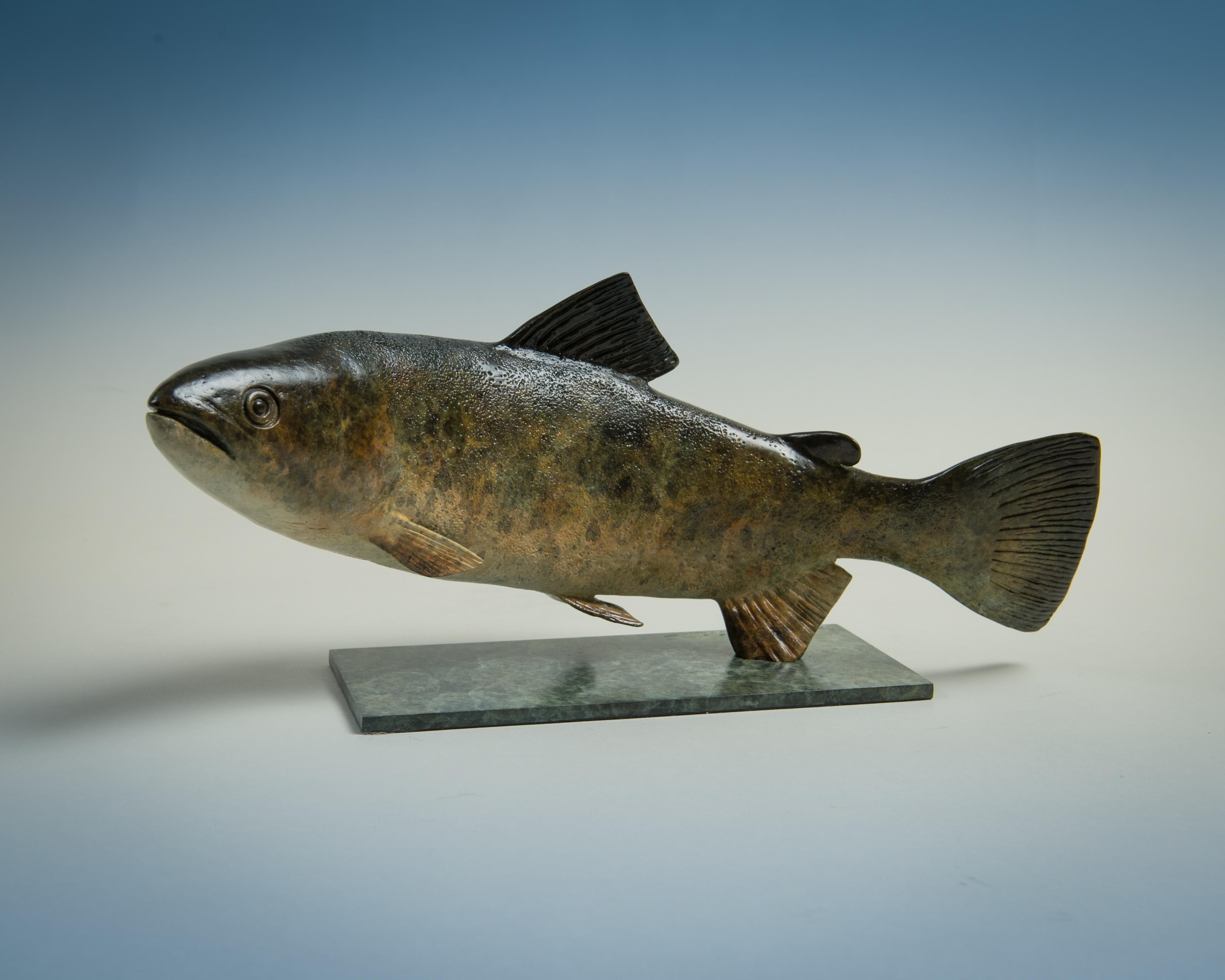 Zeitgenössische Bronze-Fischskulptur einer schwimmenden Forelle, grün und braun, Wasser