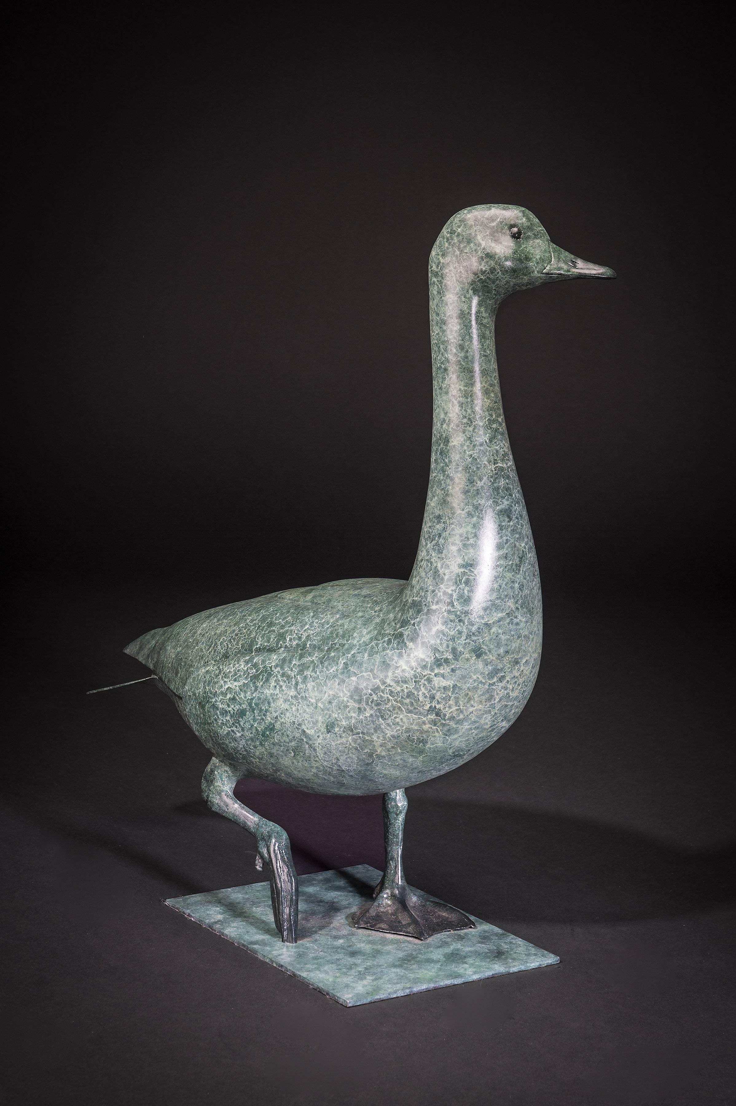Contemporary Bronze Green Bird Wildlife Garden or interior Sculpture 'Goose'  - Gold Still-Life Sculpture by Richard Smith b.1955