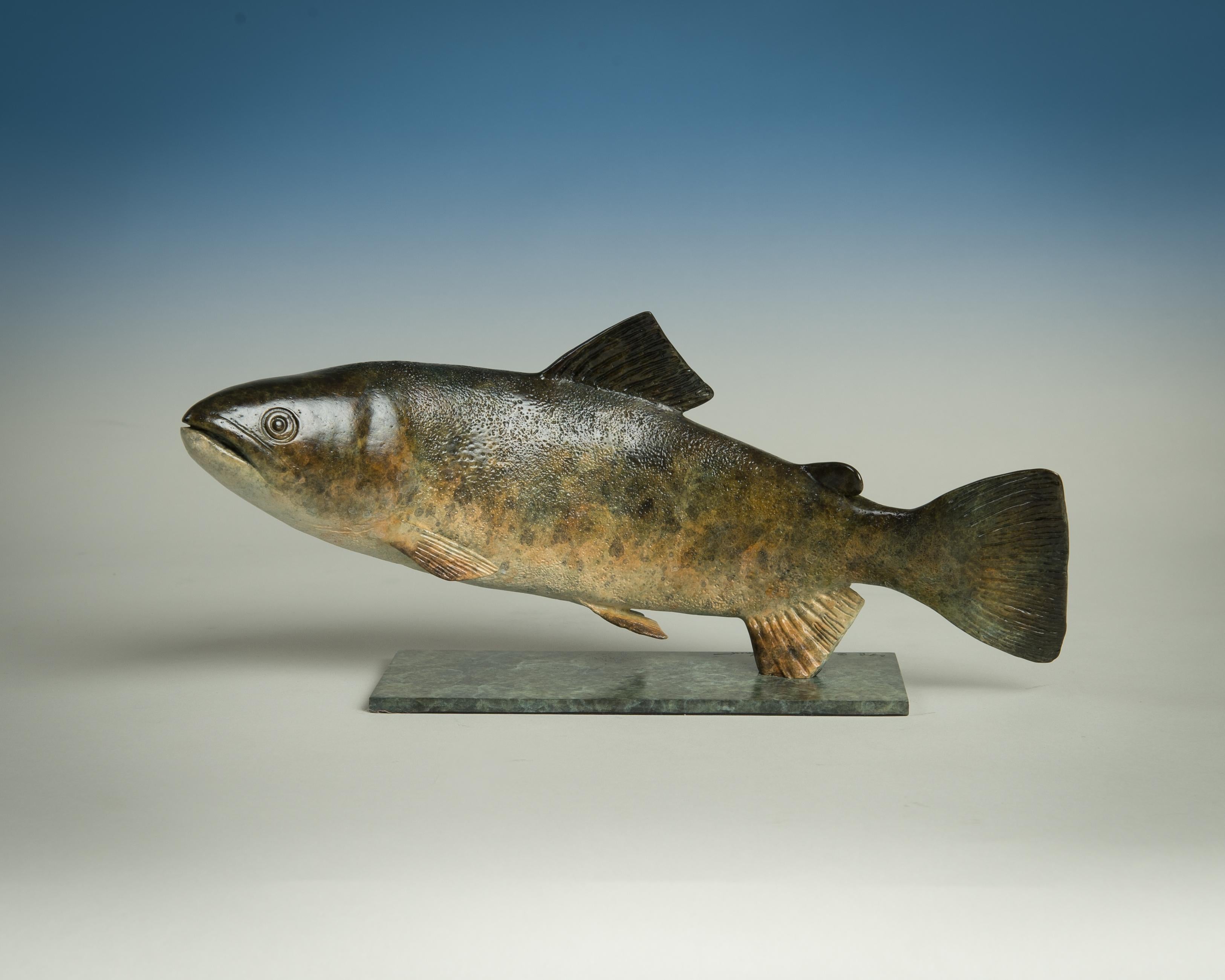 Richard Smith b.1955 Still-Life Sculpture - Contemporary Bronze Green Swimming Fish Sculpture 'Trout' by Richard Smith 