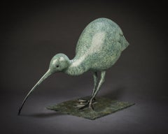 Contemporary Bronze Sculpture of a Curlew bird wading, wildlife, nature, green
