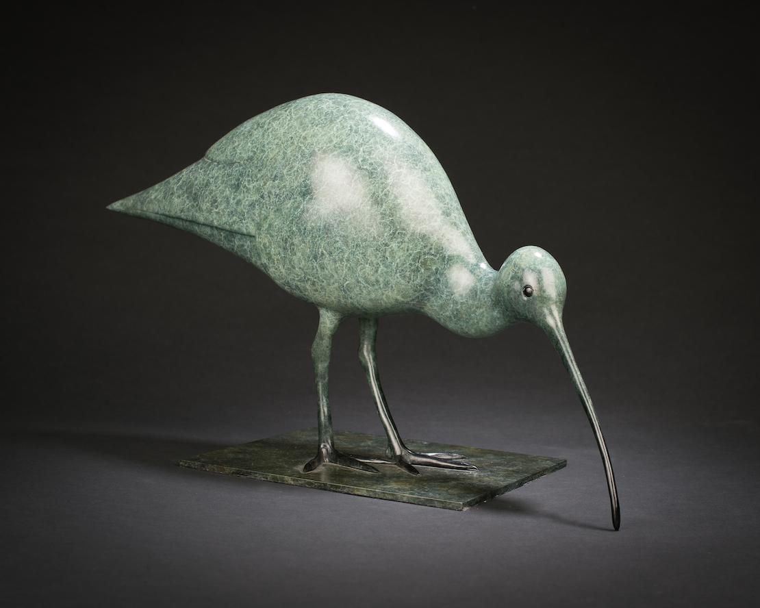 Contemporary Bronze Sculpture of a Curlew bird wading, wildlife, nature, green
