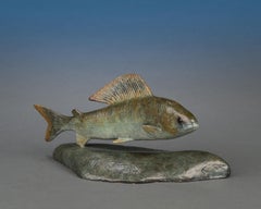 Contemporary Bronze Sculpture of a fish Little Grayling swimming, green, brown