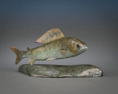 Contemporary Bronze Sculpture of a fish Little Grayling swimming, green, brown