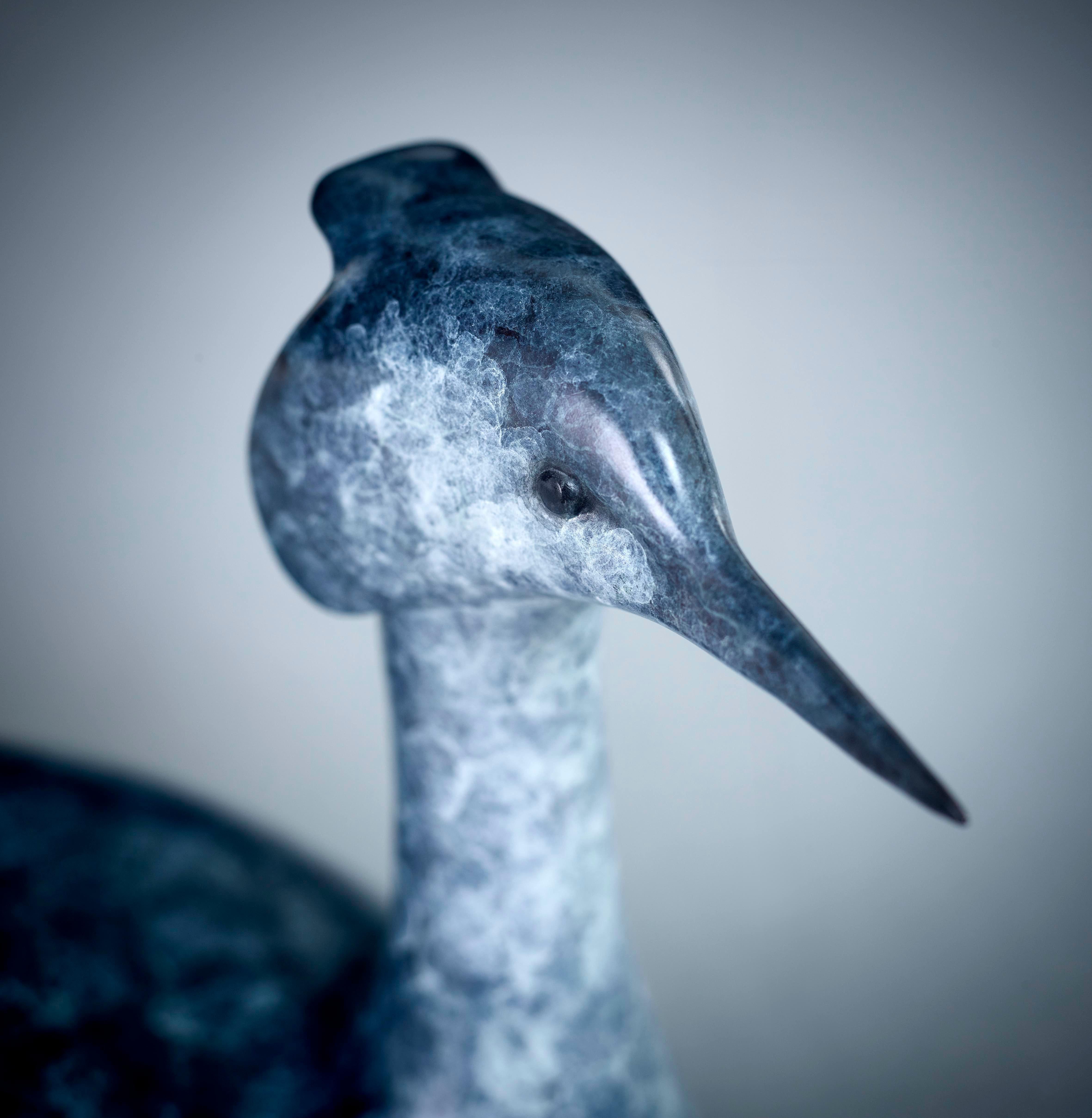 Edizione di 12 

'Grebe' di Richard Smith. La scultura in bronzo patinato blu e bianco di uno svasso trasmette l'eleganza e il mistero di questo segreto uccello acquatico. L'artista sottolinea la forma slanciata dello svasso: un collo sottile che si