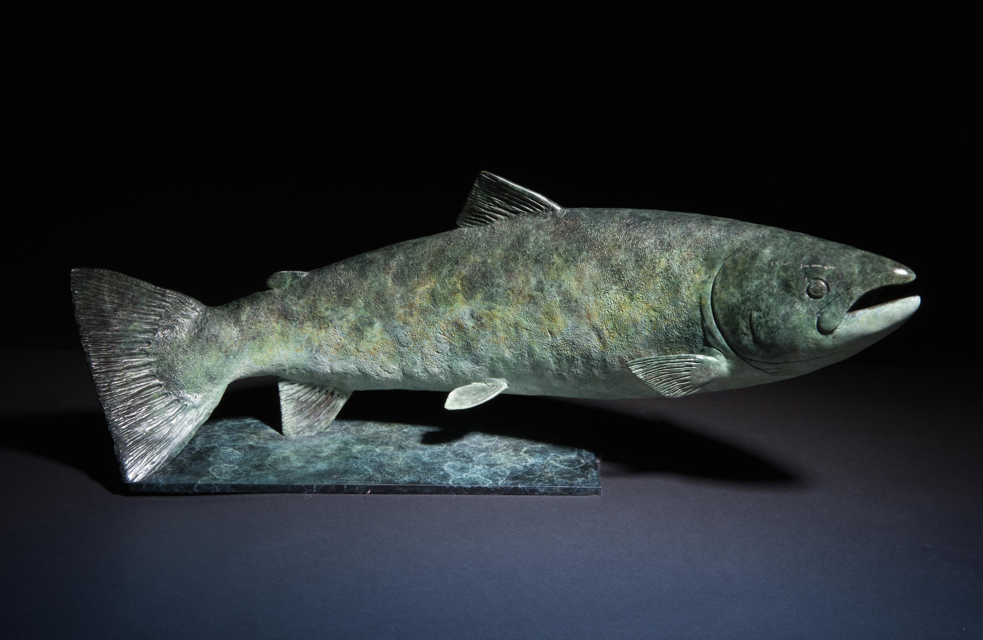 Contemporary Bronze Sculpture of a lifesize Salmon swimming, green and blue - Gold Still-Life Sculpture by Richard Smith b.1955