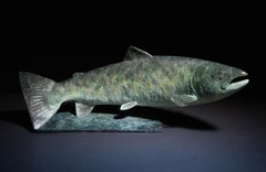 Contemporary Bronze Sculpture of a lifesize Salmon swimming, green and blue