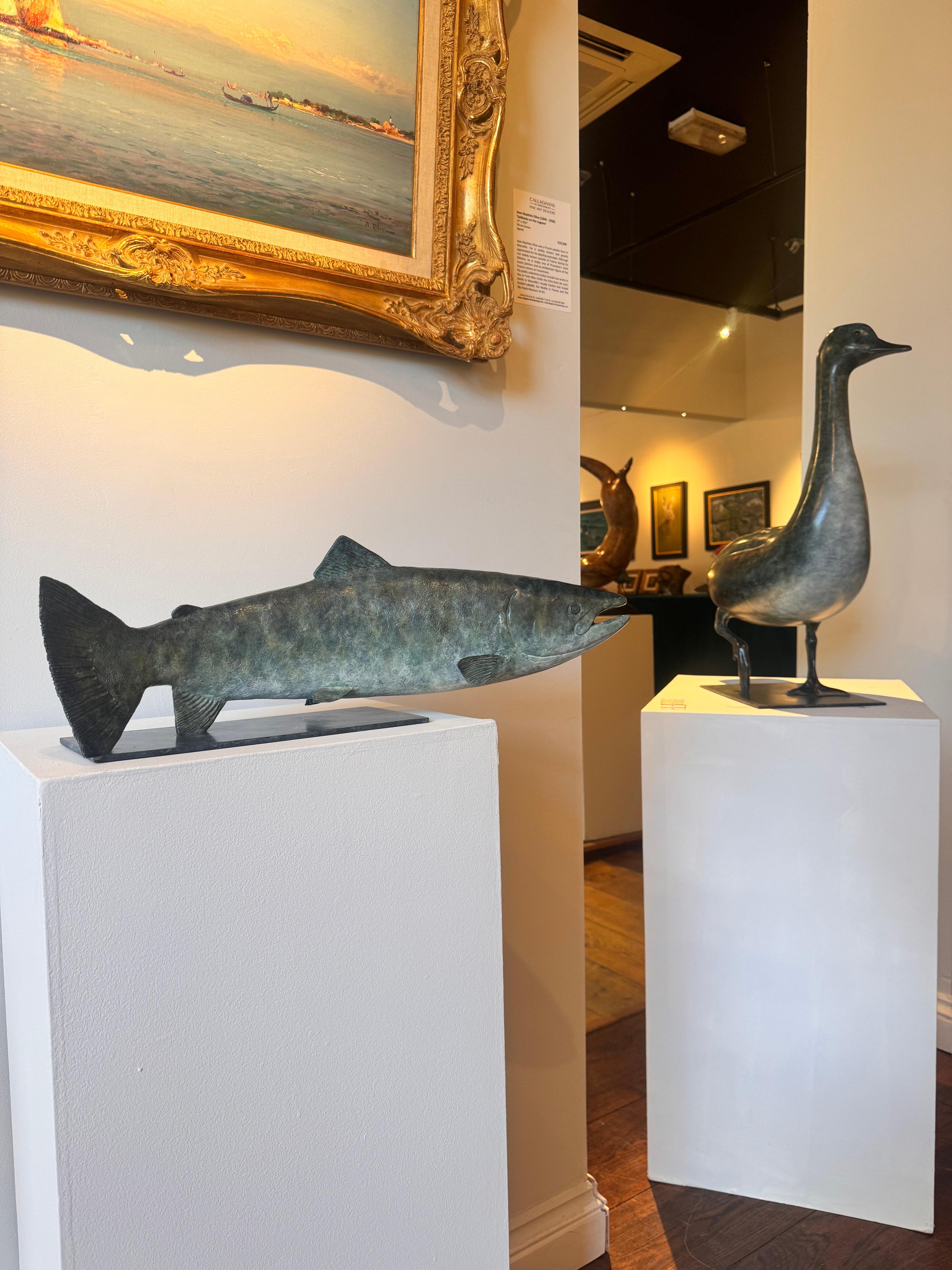 Contemporary Bronze Sculpture of a lifesize Salmon swimming, green and blue For Sale 1
