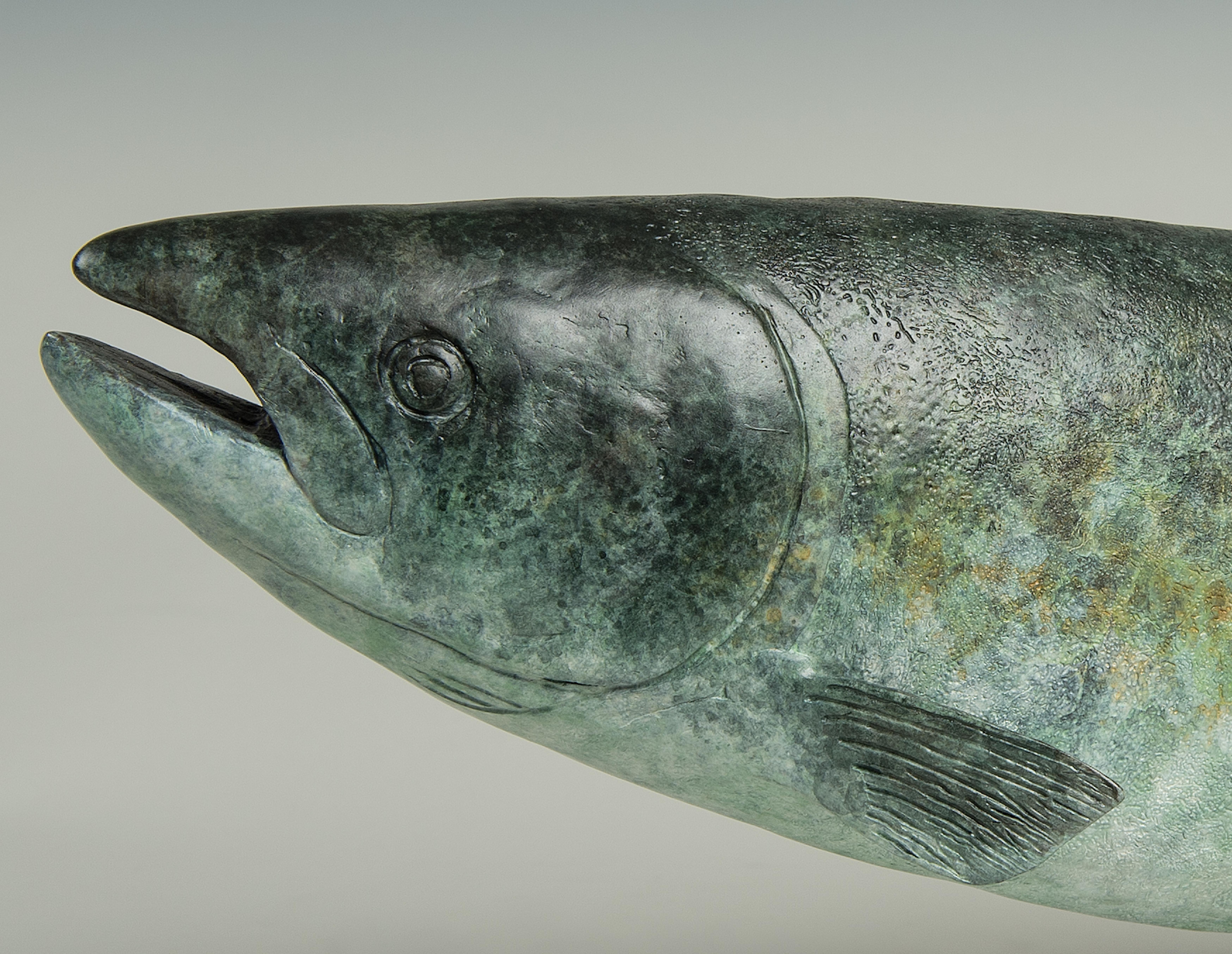 Contemporary Bronze Sculpture of a lifesize Salmon swimming, green and blue For Sale 2