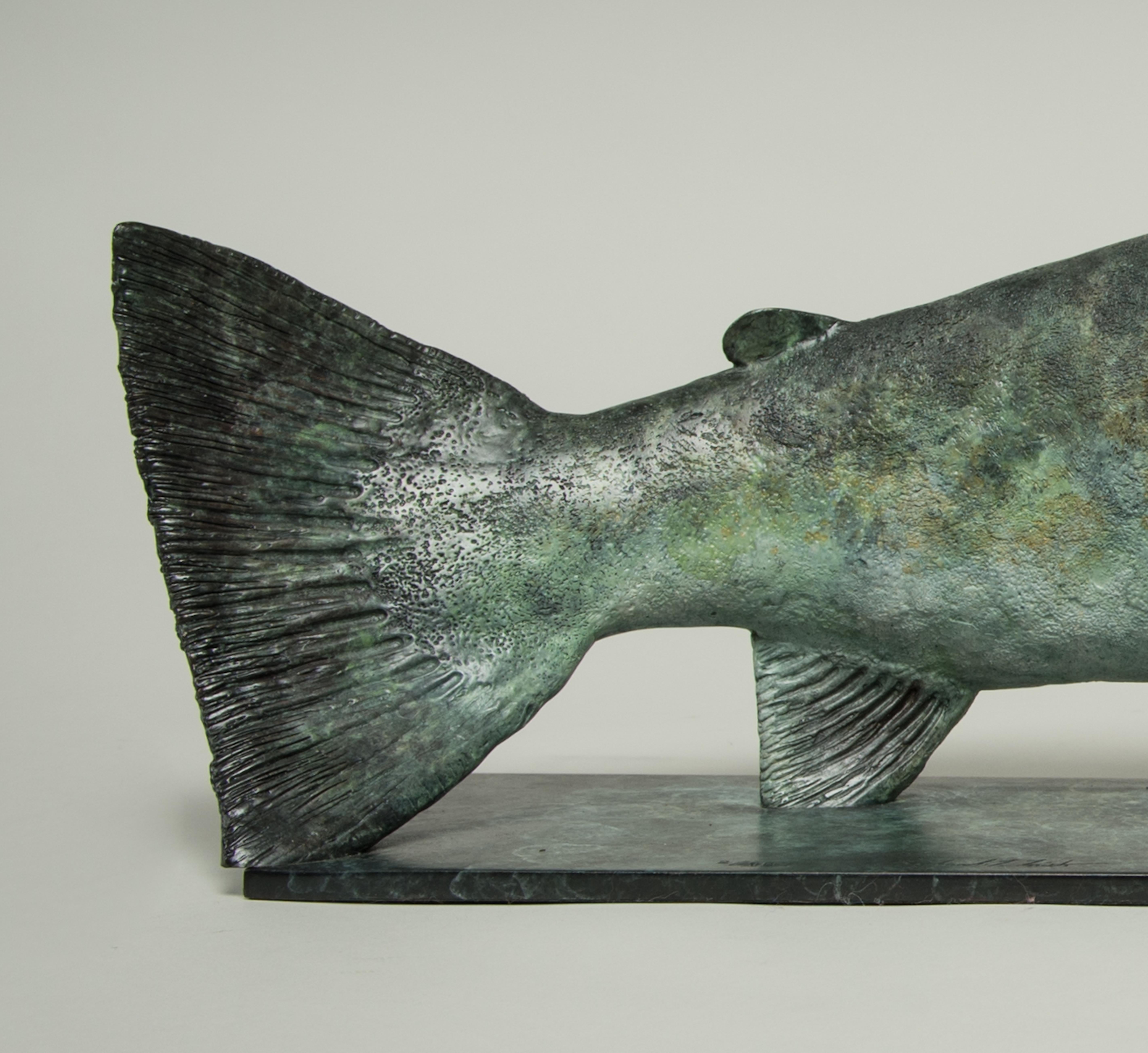 Contemporary Bronze Sculpture of a lifesize Salmon swimming, green and blue For Sale 3