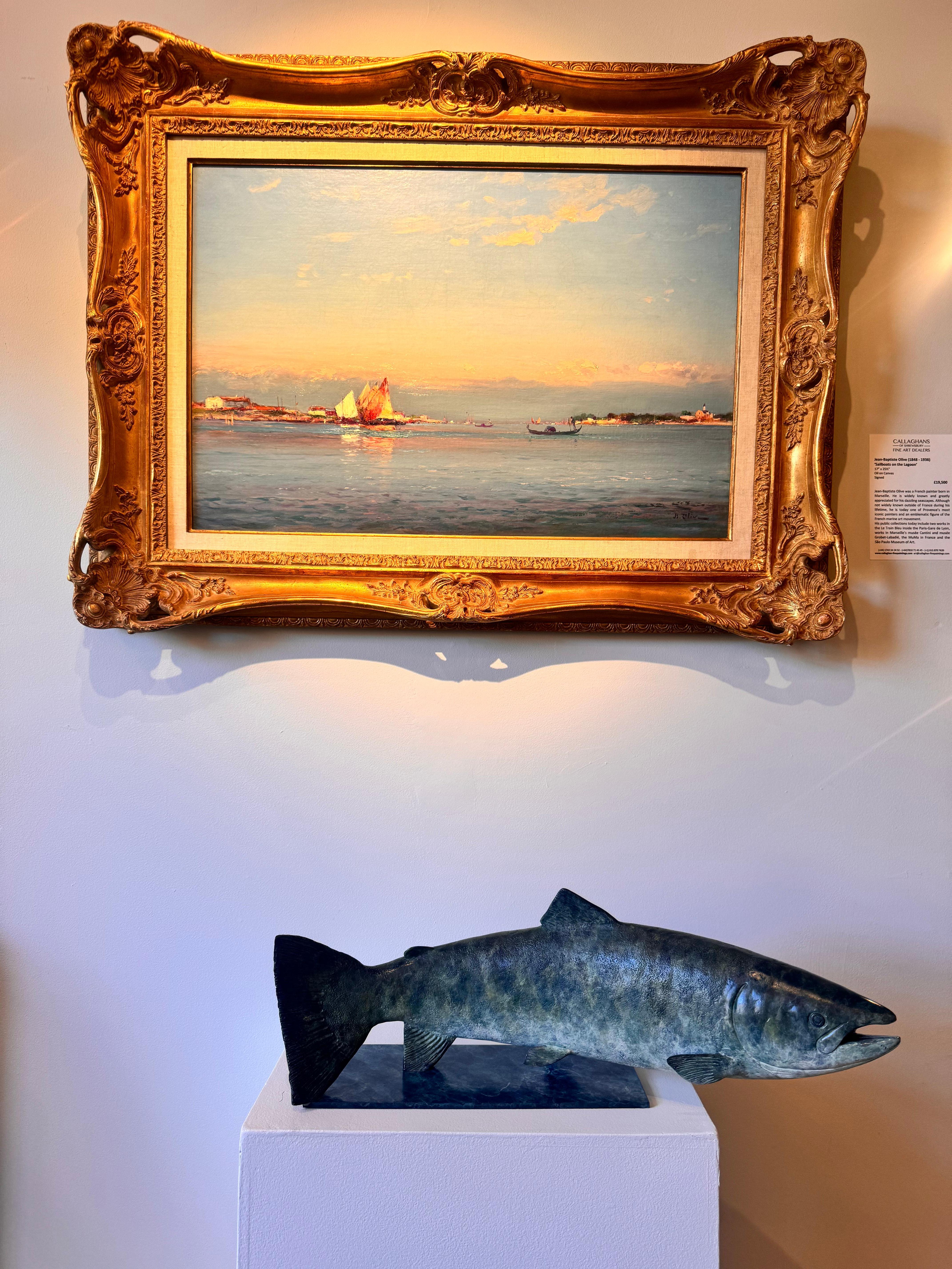 Contemporary Bronze Sculpture of a lifesize Salmon swimming, green and blue For Sale 6