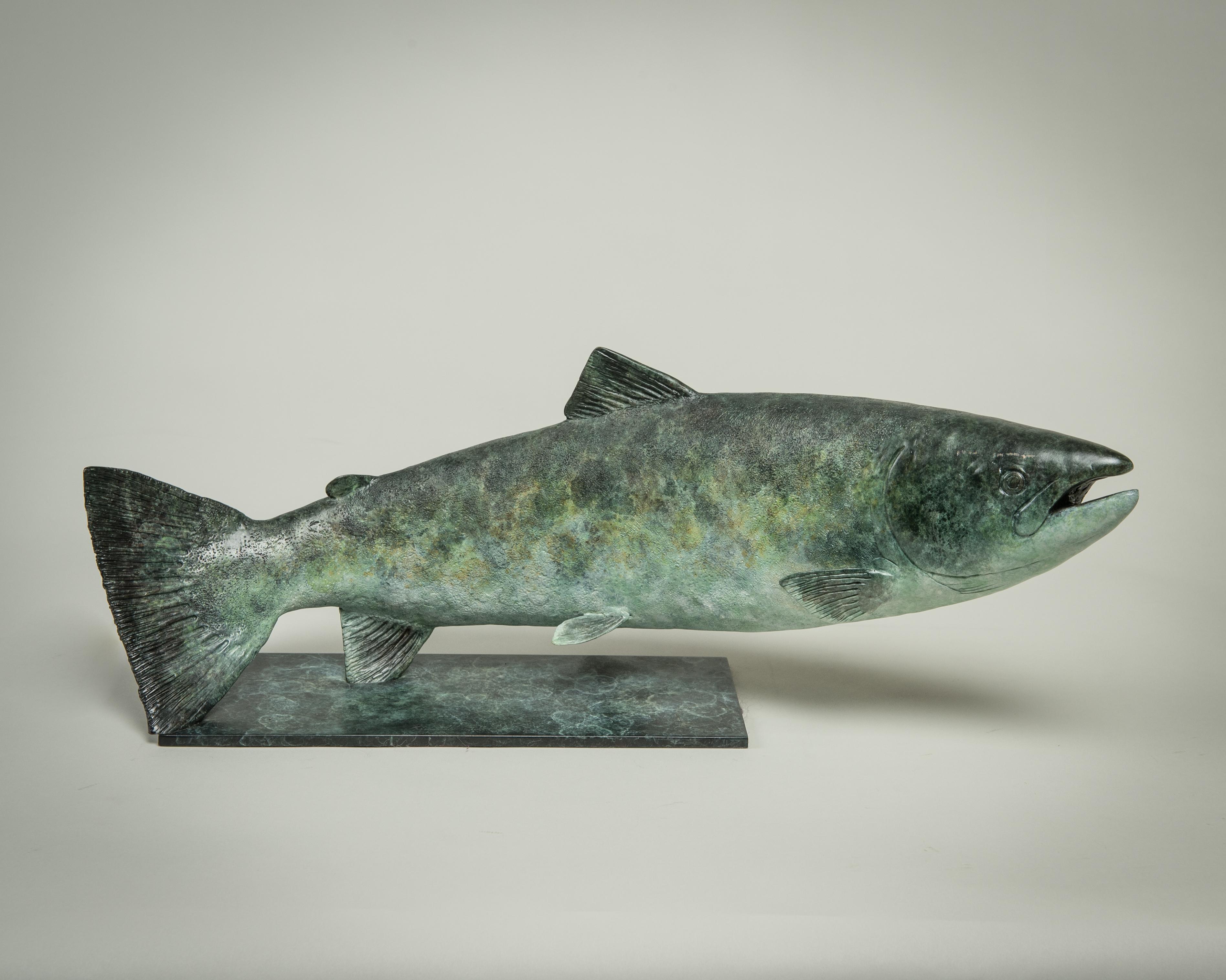 Richard Smith b.1955 Still-Life Sculpture - Contemporary Bronze Sculpture of a lifesize Salmon swimming, green and blue