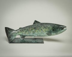 Contemporary Bronze Sculpture of a lifesize Salmon swimming, green and blue