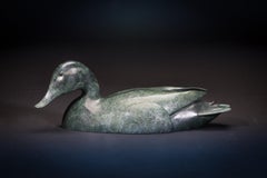 Contemporary Bronze Sculpture of a Mallard Drake swimming on water, vivid green