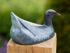 Contemporary Bronze Sculpture of a Moorhen water bird swimming, vivid blue, red