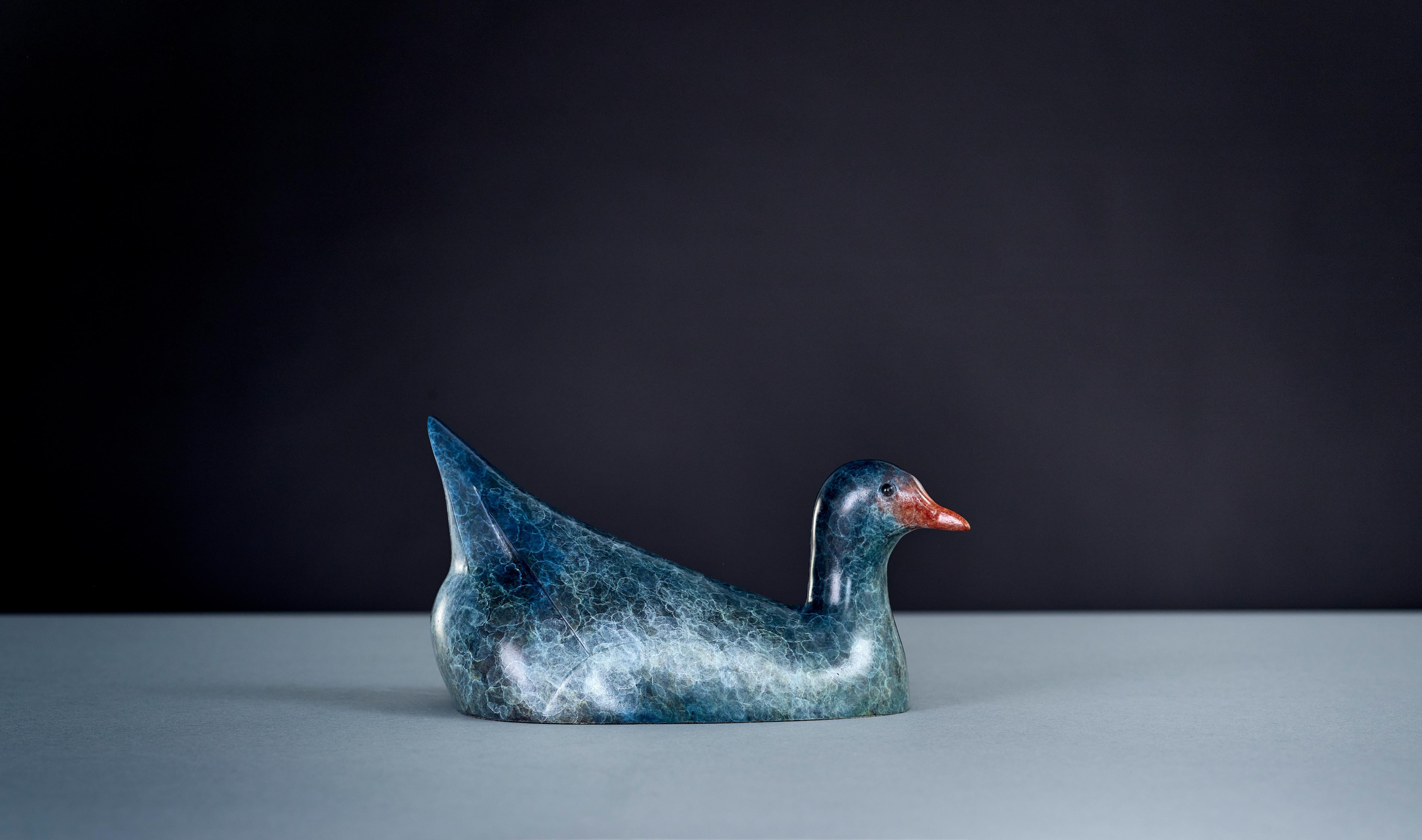 Scultura contemporanea in bronzo di un uccello acquatico gallinella d'acqua che nuota, blu vivace, rosso
