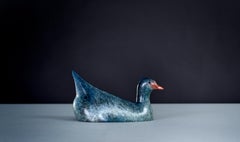 Contemporary Bronze Sculpture of a Moorhen water bird swimming, vivid blue, red