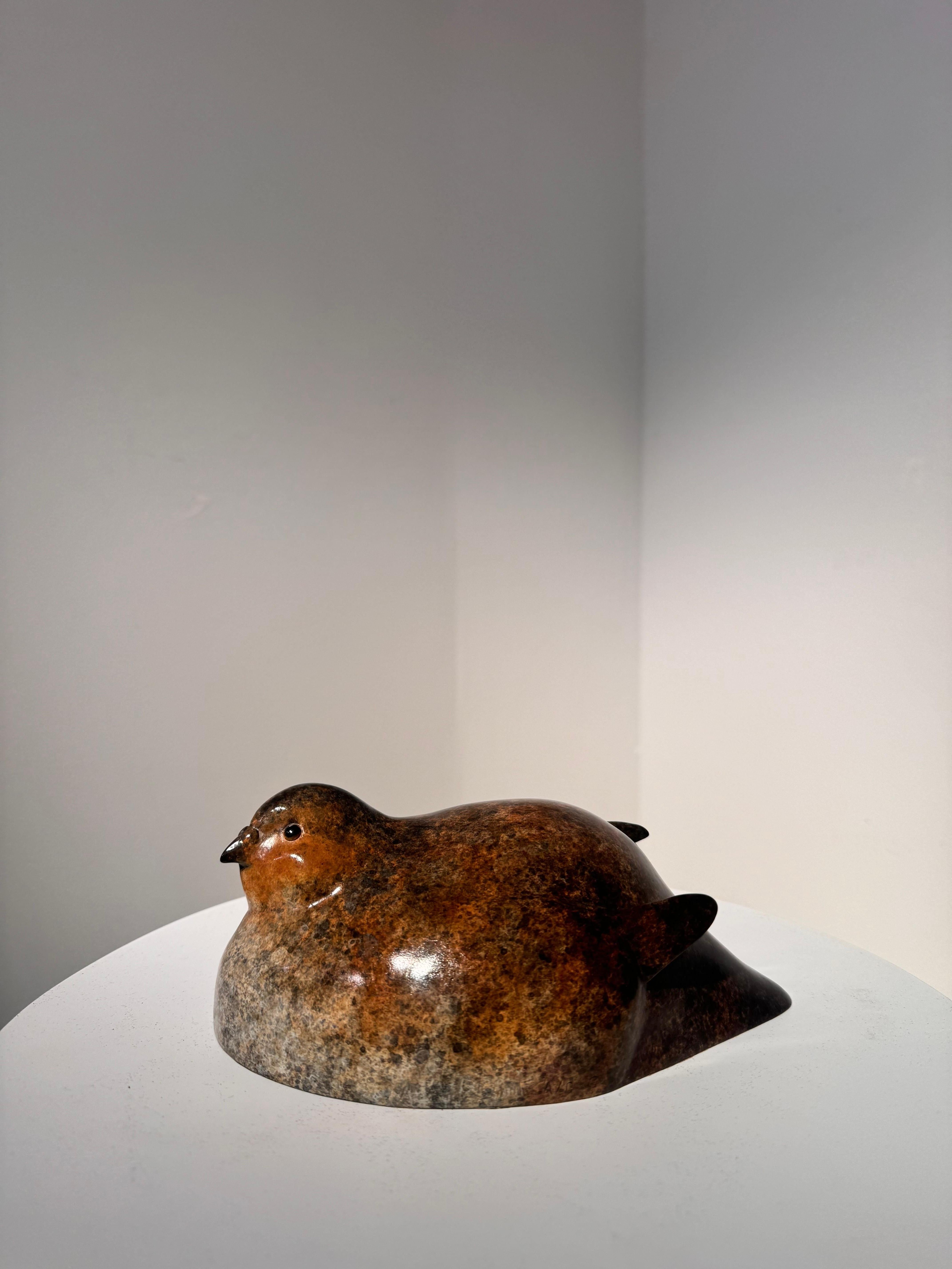 Contemporary Bronze Sculpture of a Nesting Partridge, Brown, white, bird, game For Sale 1