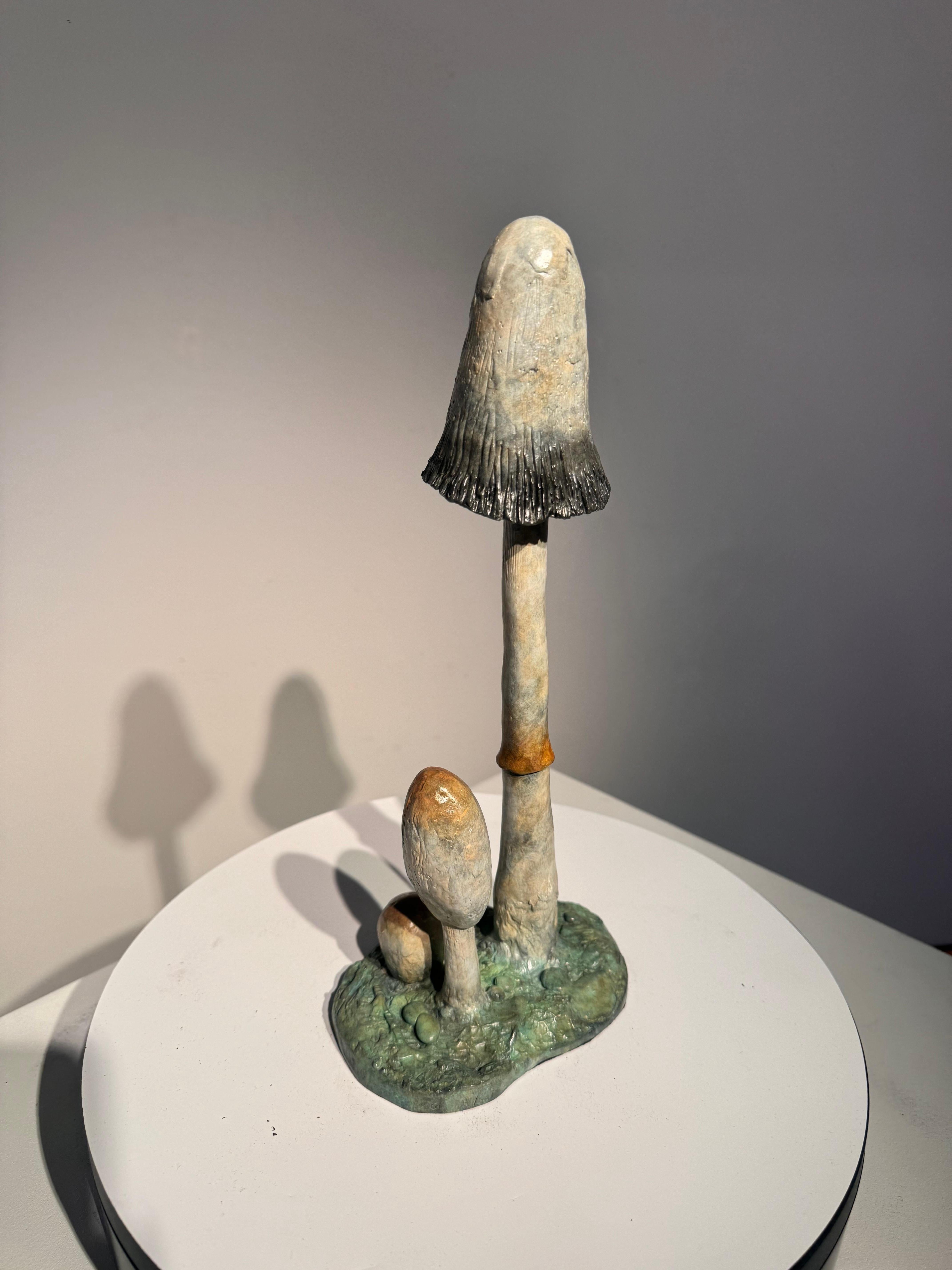 Sculpture contemporaine en bronze d'un champignon à chapeau d'encre hirsute, bois, nature en vente 8