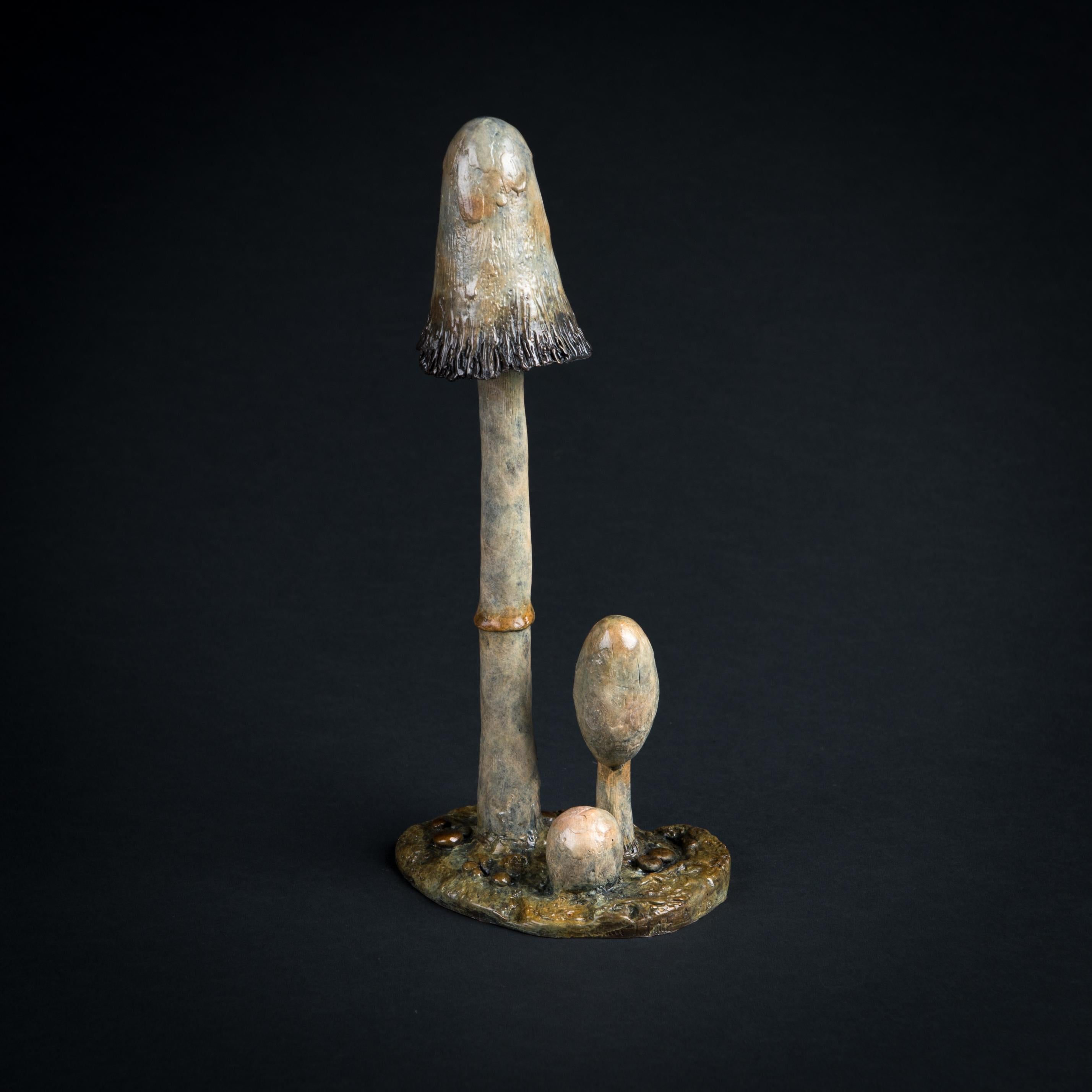 Sculpture contemporaine en bronze d'un champignon à chapeau d'encre hirsute, bois, nature en vente 1