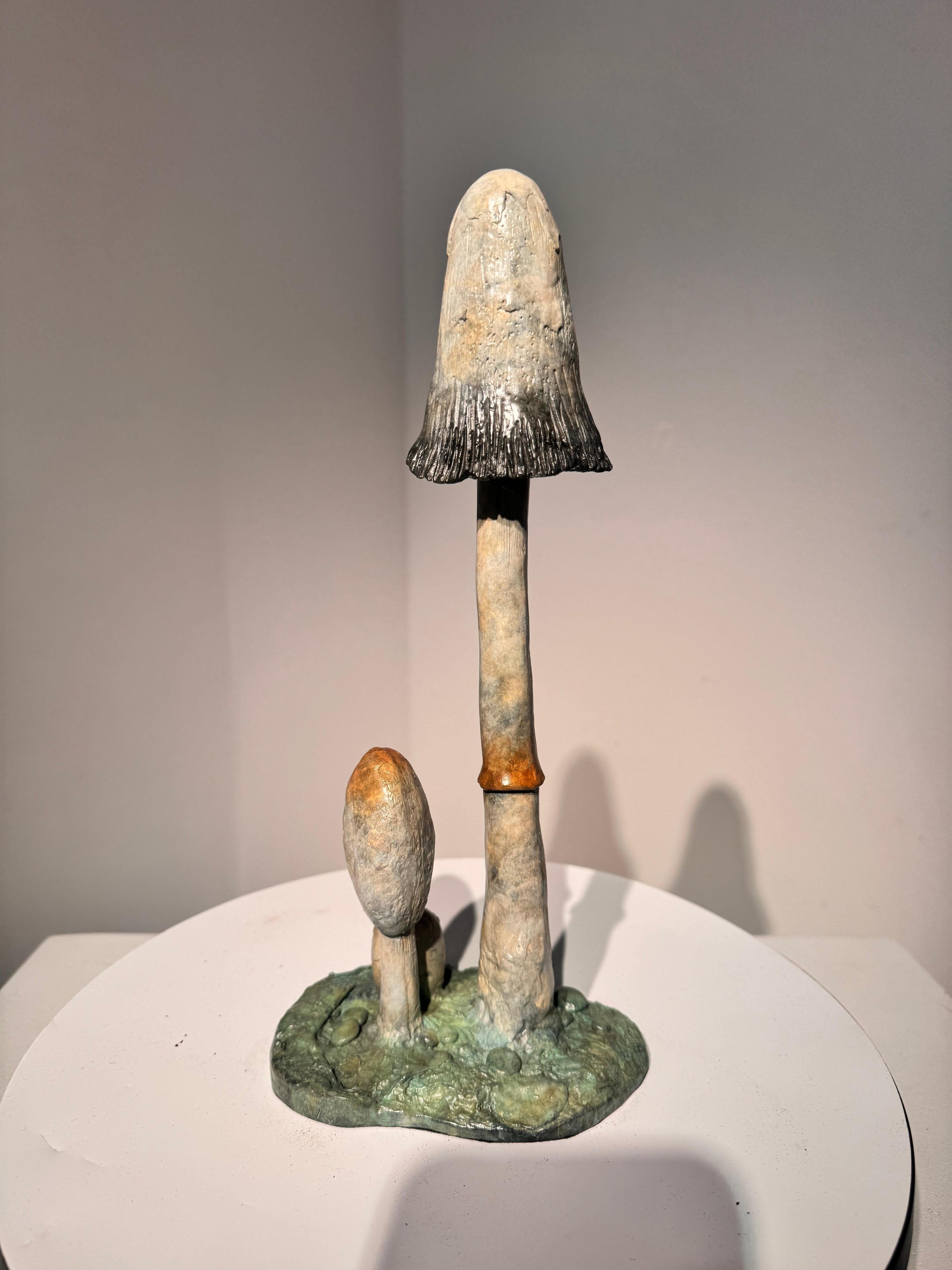Sculpture contemporaine en bronze d'un champignon à chapeau d'encre hirsute, bois, nature en vente 6