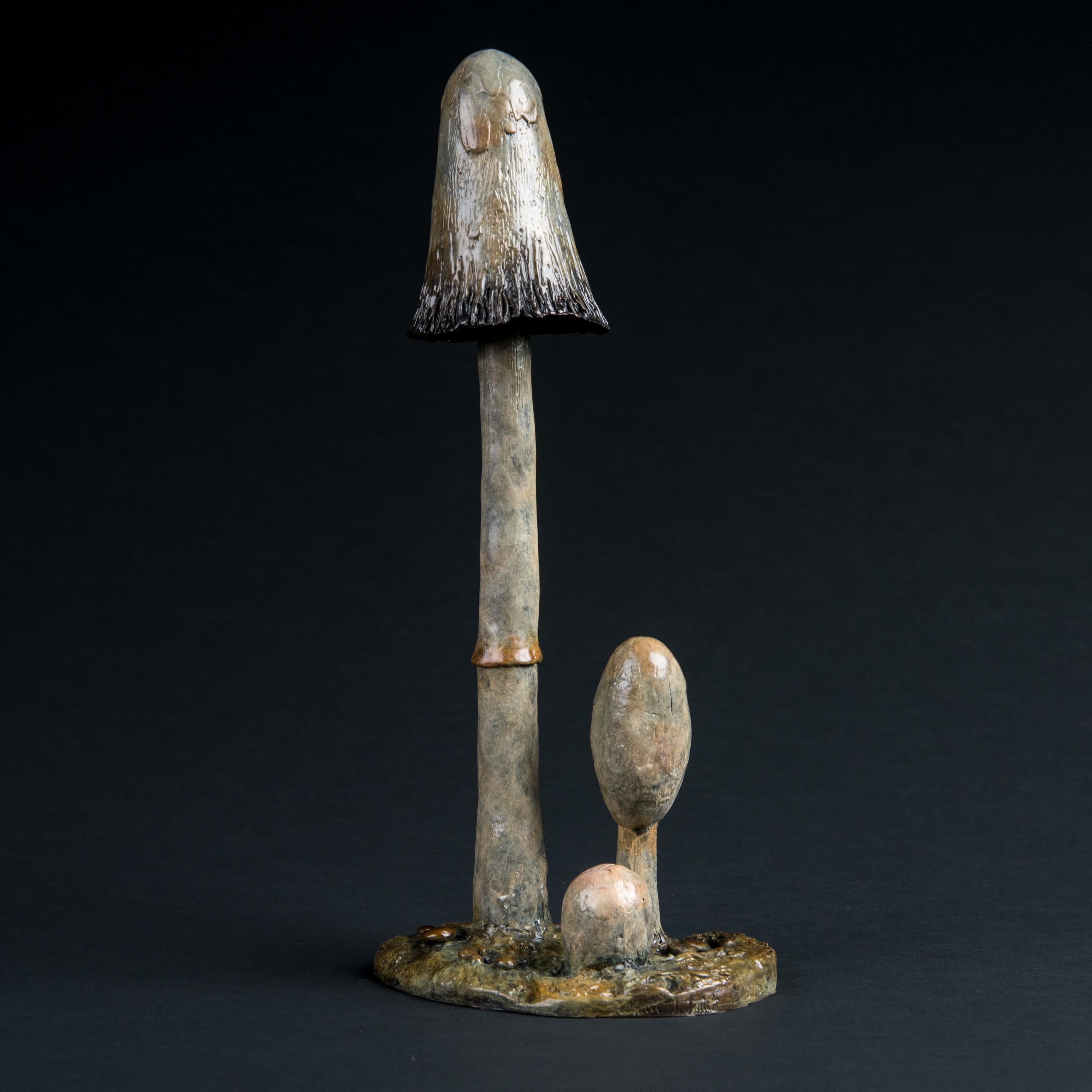 Sculpture contemporaine en bronze d'un champignon à chapeau d'encre hirsute, bois, nature