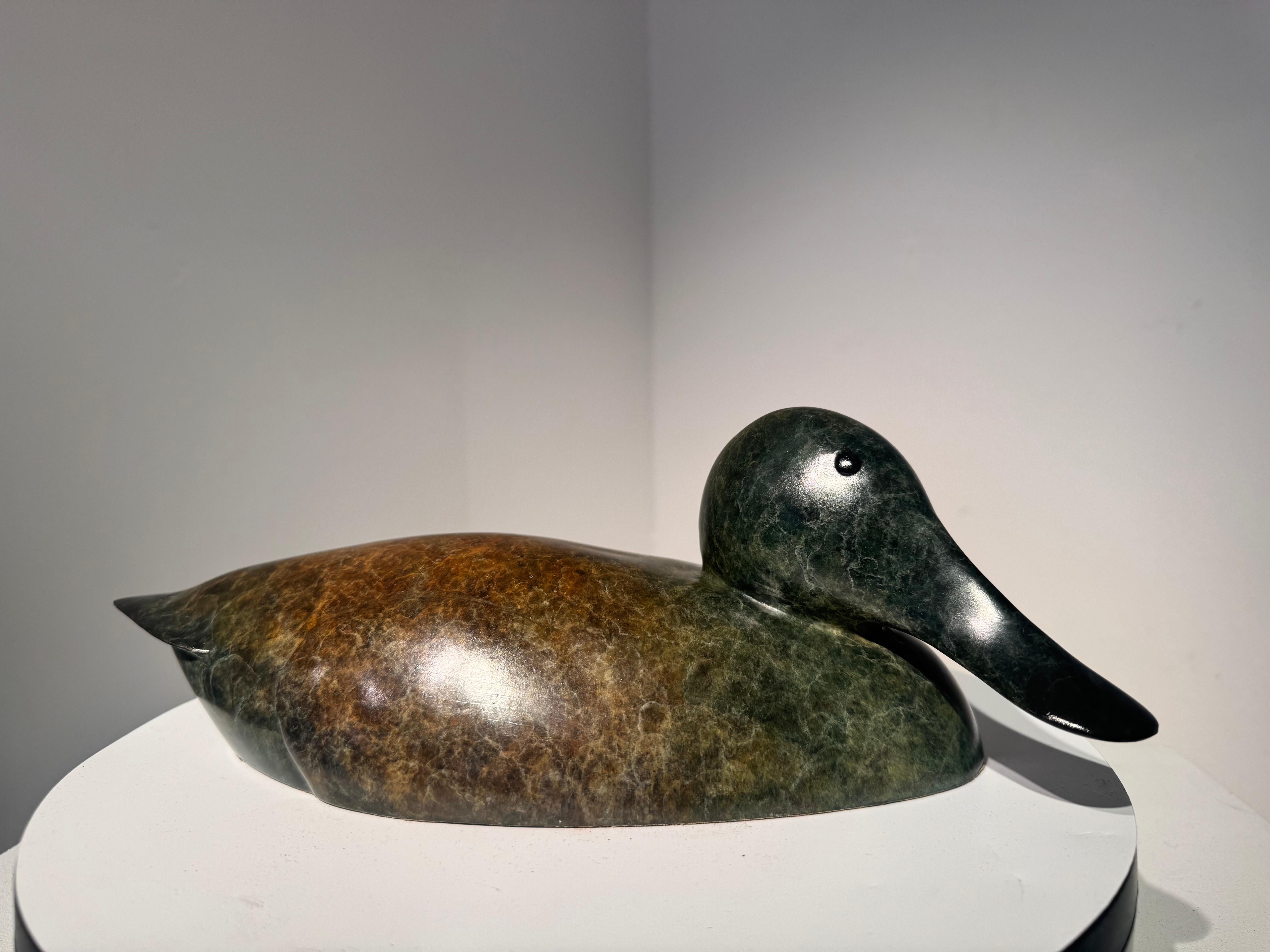 Zeitgenössische Bronzeskulptur einer schwimmenden Löffelente, Wasservogel, grün im Angebot 1