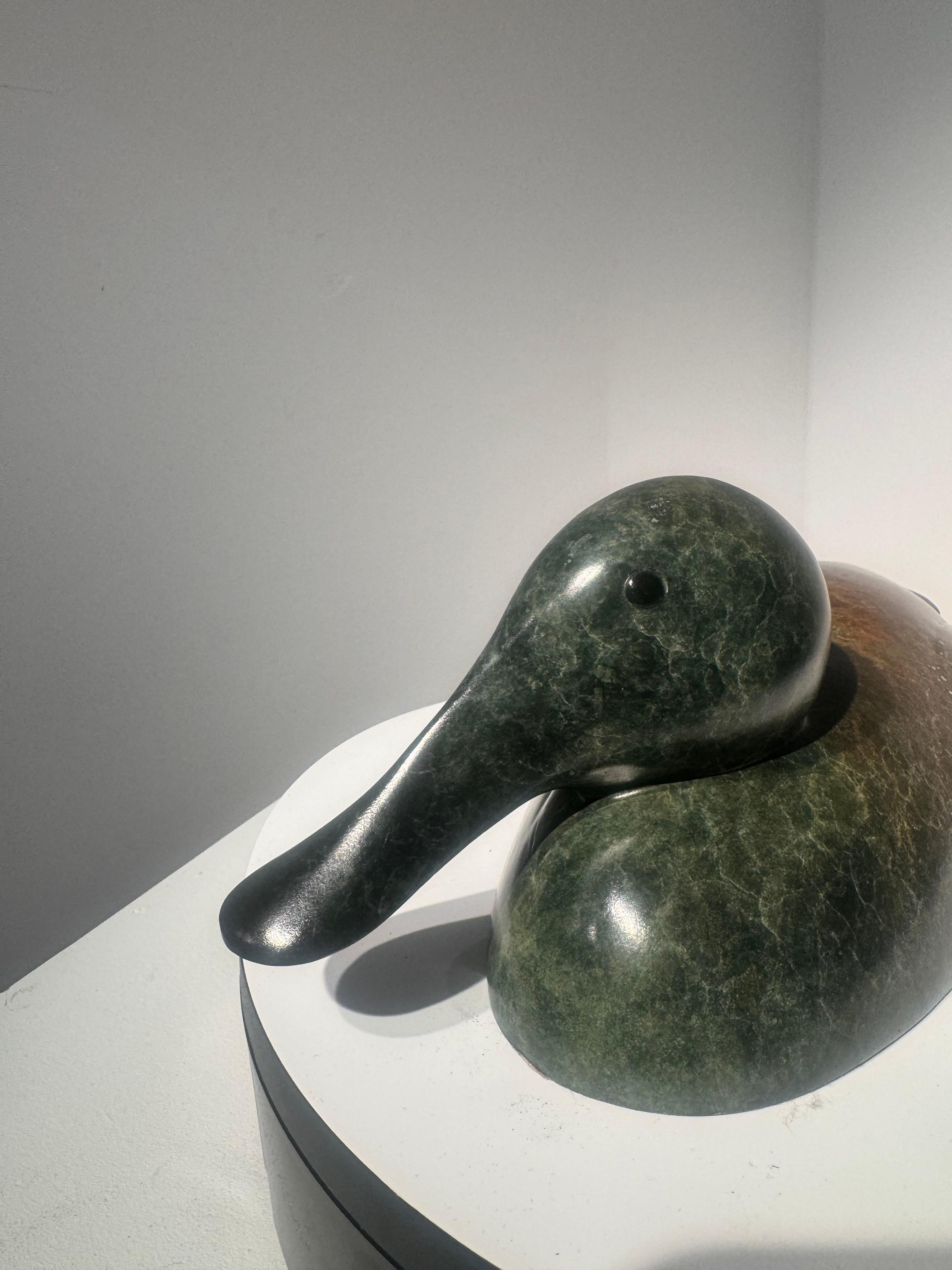 Zeitgenössische Bronzeskulptur einer schwimmenden Löffelente, Wasservogel, grün im Angebot 3