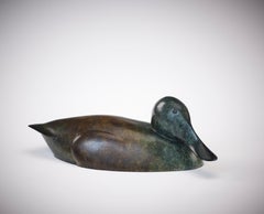 Contemporary Bronze Sculpture of a Shoveler Duck swimming, water bird, green