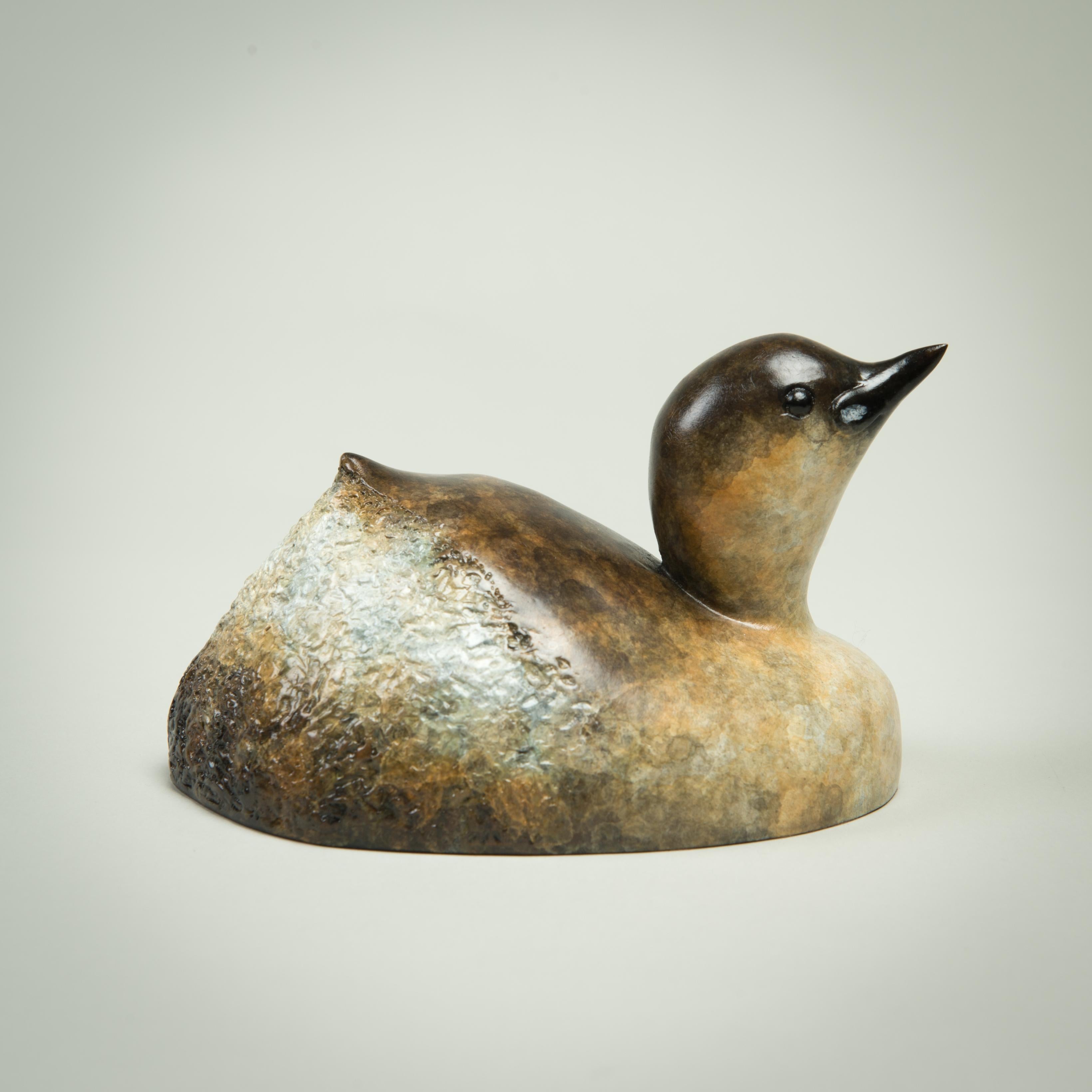 Edition of 50 
Dabchick by Richard Smith. A patinated bronze sculpture of a dabchick, or little grebe, distills the charm and character of this small waterbird into a form of quiet elegance. Compact and rounded, the sculpture emphasises the