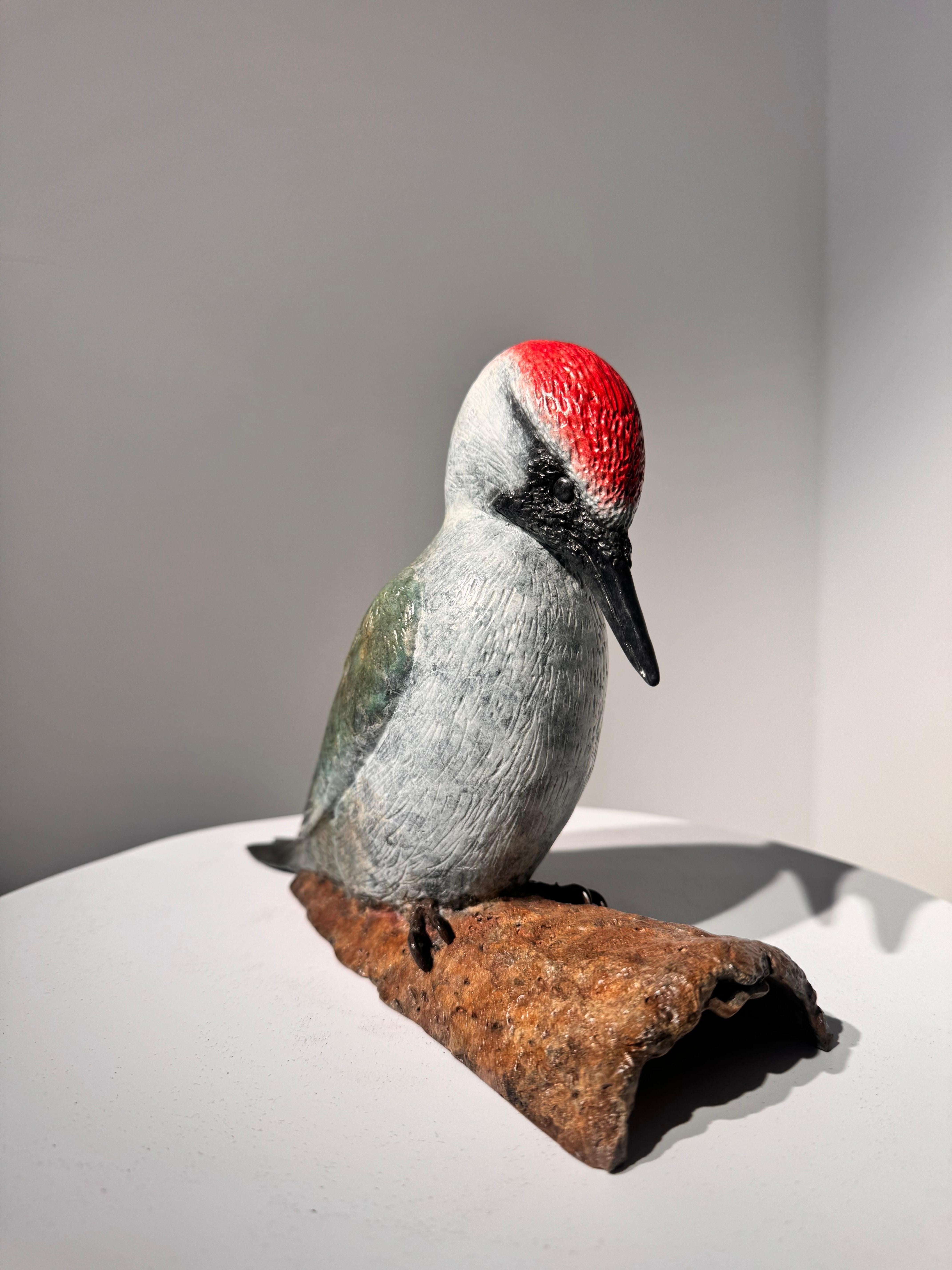 Escultura Contemporánea de Bronce de un Pájaro Carpintero, naturaleza, bosque, verde, blanco - Still-Life Sculpture Oro de Richard Smith b.1955