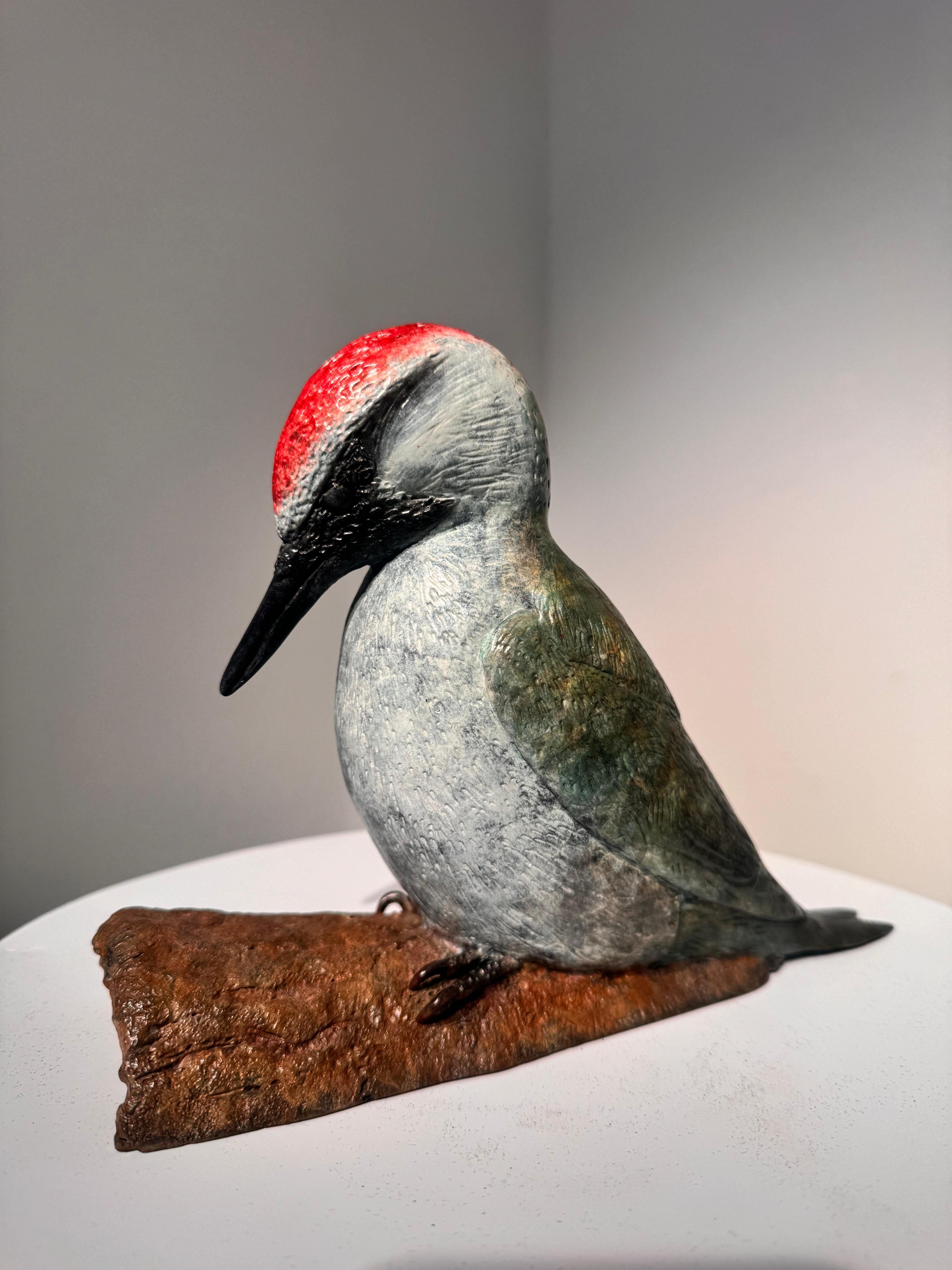 Escultura Contemporánea de Bronce de un Pájaro Carpintero, naturaleza, bosque, verde, blanco en venta 1