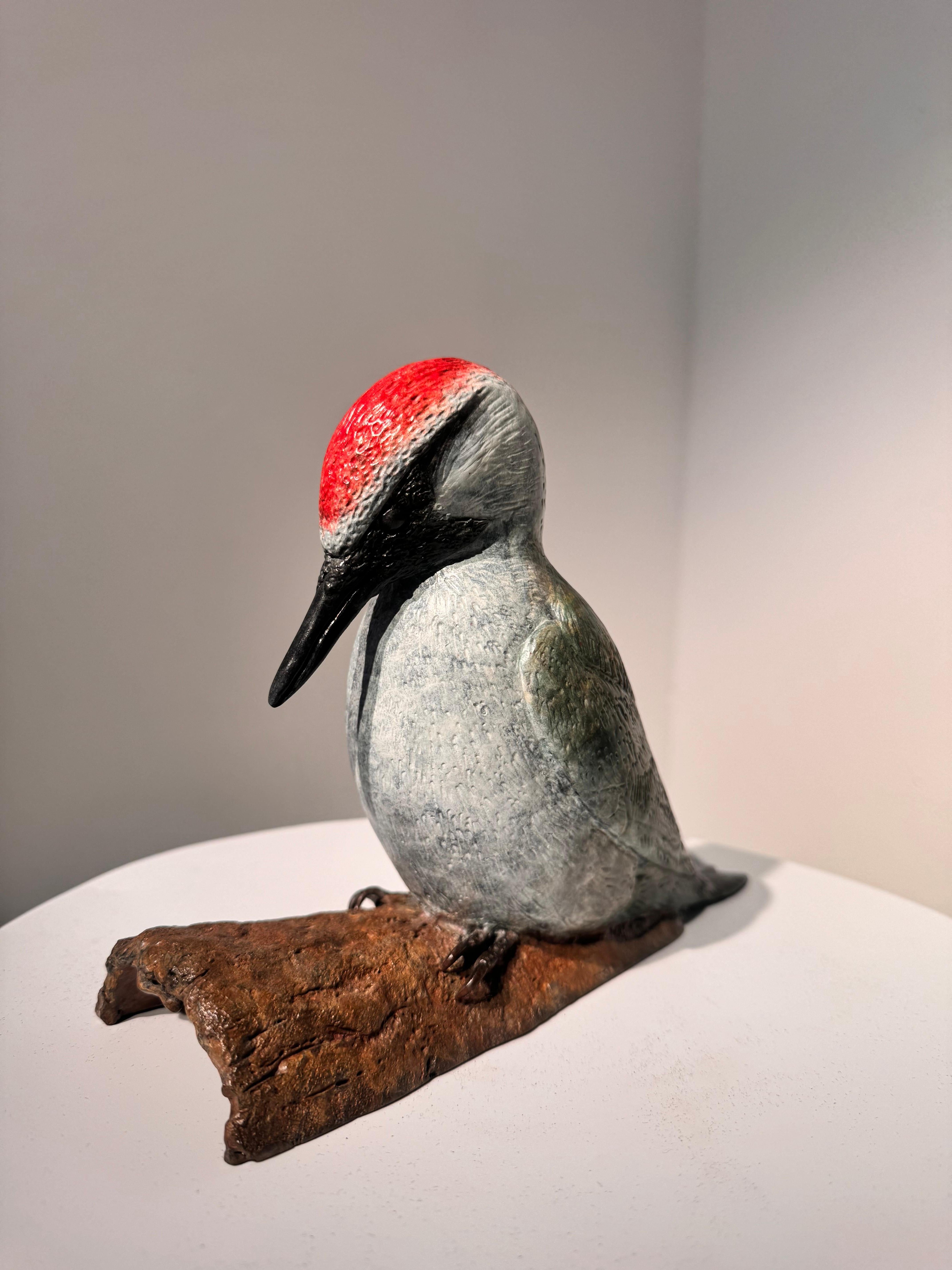 Escultura Contemporánea de Bronce de un Pájaro Carpintero, naturaleza, bosque, verde, blanco en venta 2