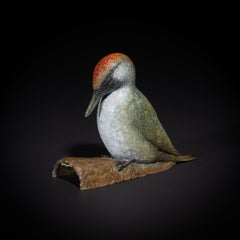Contemporary Bronze Sculpture of a Woodpecker, nature, woodland, green, white