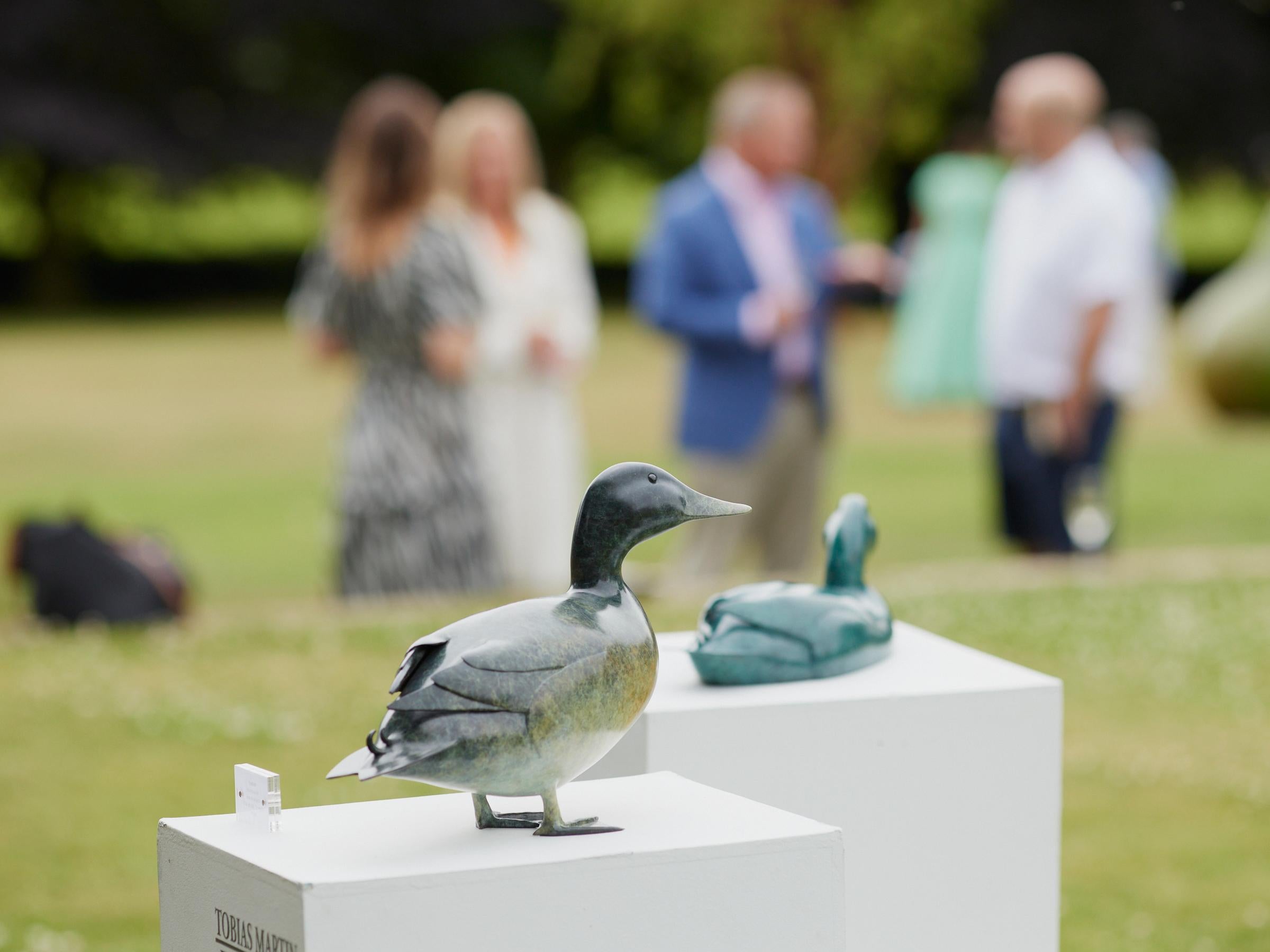 Edizione di 25 
'Mallard' di Richard Smith, una scultura in bronzo di un germano reale in piedi, cattura la presenza dignitosa e il carattere vivace dell'uccello. L'anatra è raffigurata in posizione eretta, con le zampe ben piantate come se stesse