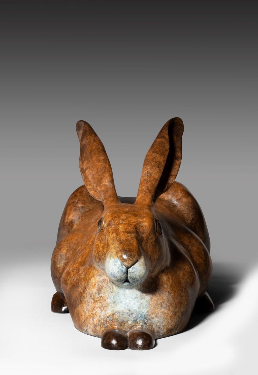 Contemporary Bronze Wildlife Sculpture of hare or jack rabbit Taking it Easy - Gold Figurative Sculpture by Richard Smith b.1955