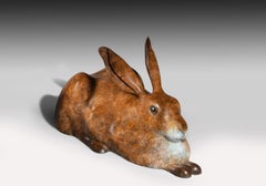 Contemporary Bronze Wildlife Sculpture of hare or jack rabbit Taking it Easy
