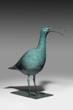 Contemporary Green Bronze Sculpture Calling Curlew, English wildlife, water bird