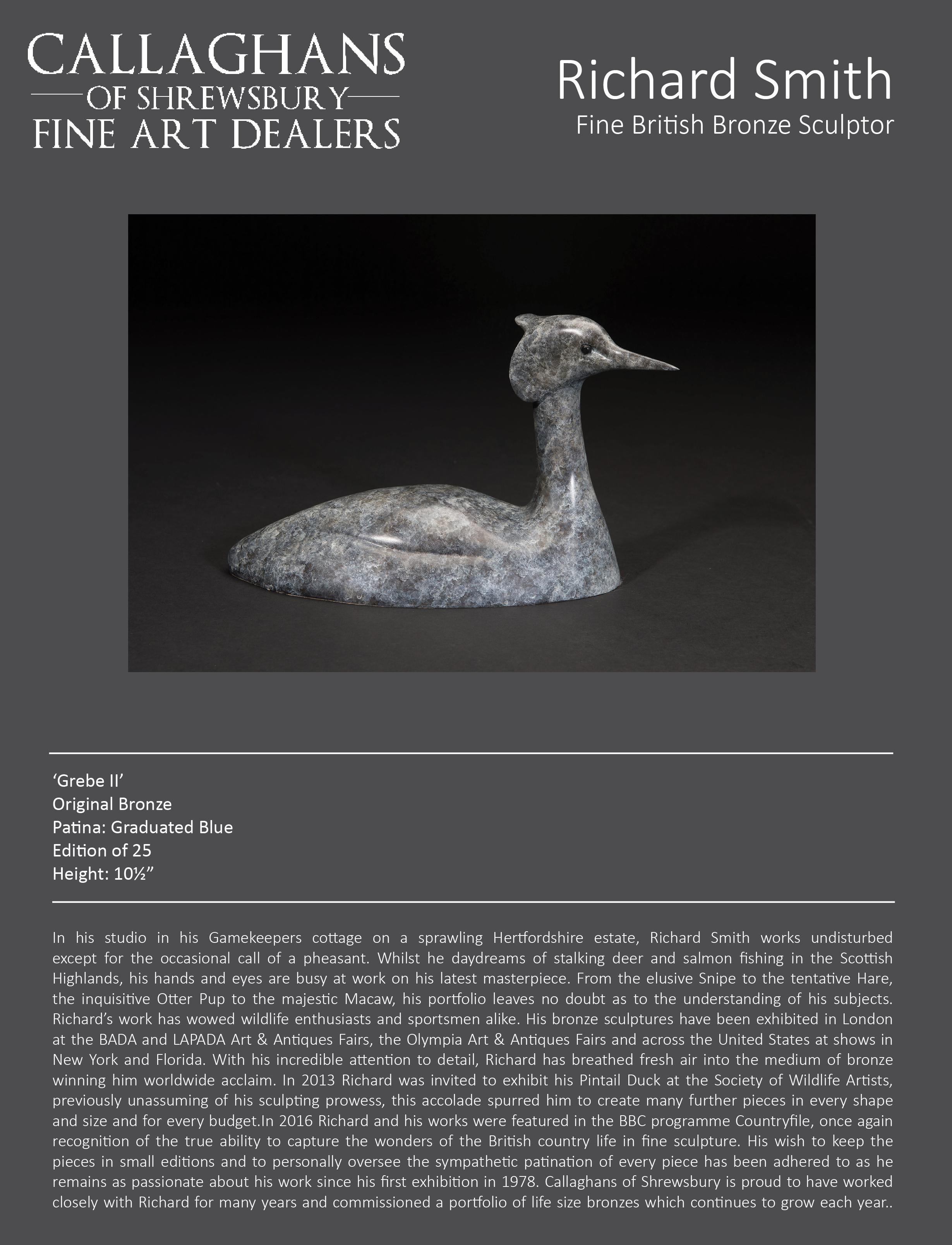 „Grebe“-Skulptur eines schwimmenden Vogels aus massiver Bronze, Tier- und Naturskulptur, blau und weiß im Angebot 4