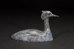 'Grebe ' Solid Bronze swimming Bird Wildlife & Nature Sculpture, blue and white