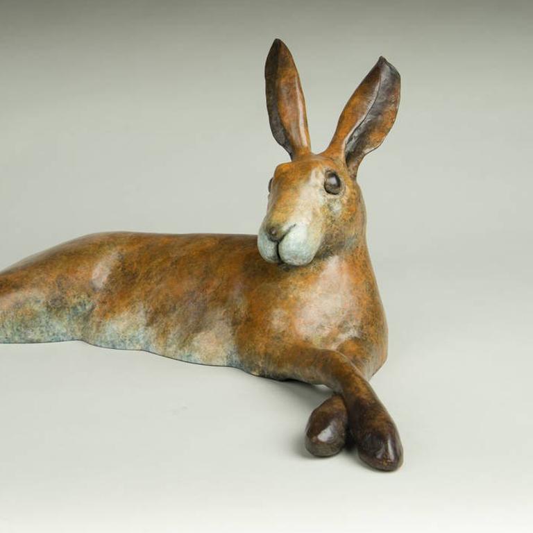 'Lying Hare' Solid Bronze Wildlife Sculpture with Brown Patina. Limited Edition. - Gold Still-Life Sculpture by Richard Smith b.1955