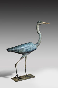 'Heron' Contemporary Bronze Bird. Wildlife & Nature Sculpture, Blue & White