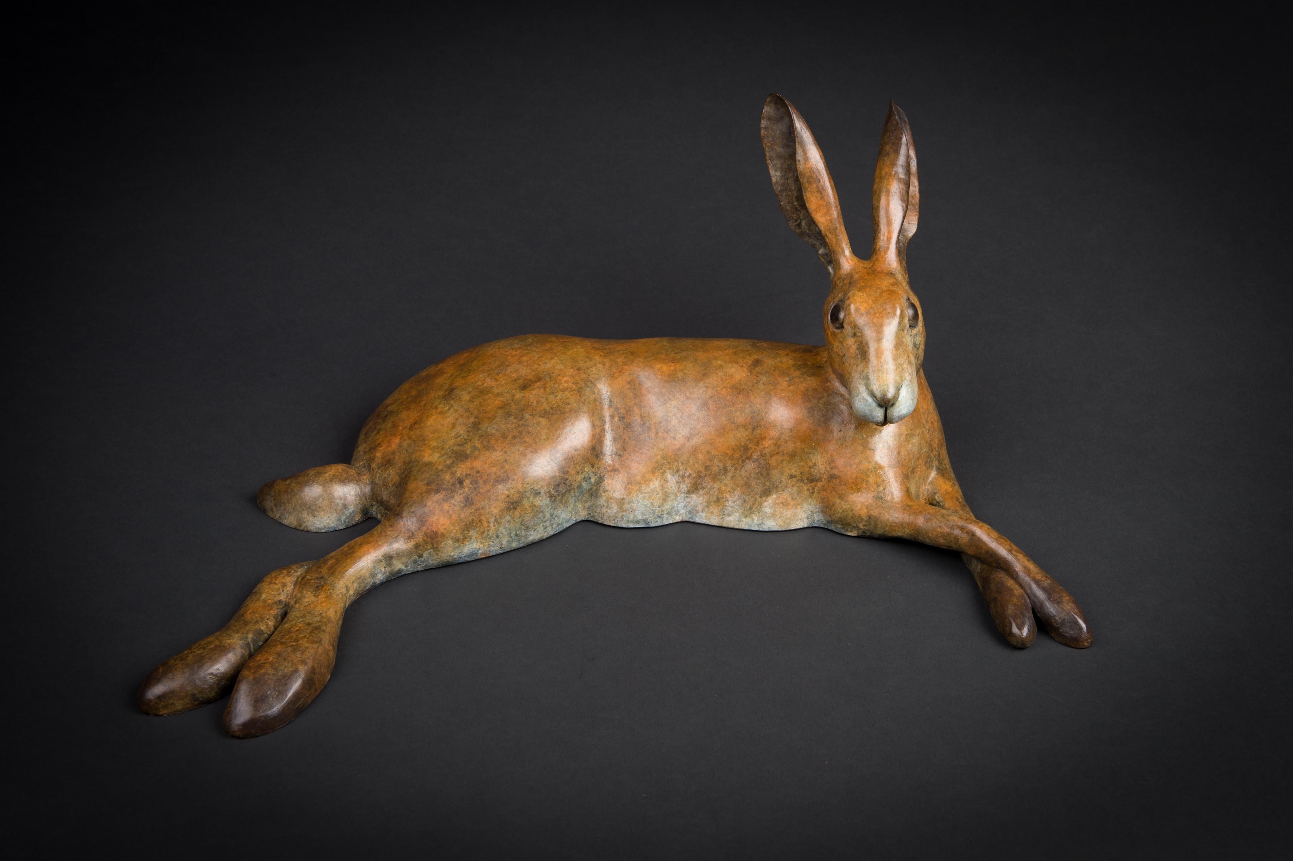 Richard Smith b.1955 Still-Life Sculpture - 'Lying Hare' Solid Bronze Wildlife Sculpture with Brown Patina. Limited Edition.