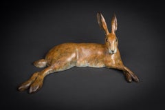 'Lying Hare' Solid Bronze Wildlife Sculpture with Brown Patina. Limited Edition.
